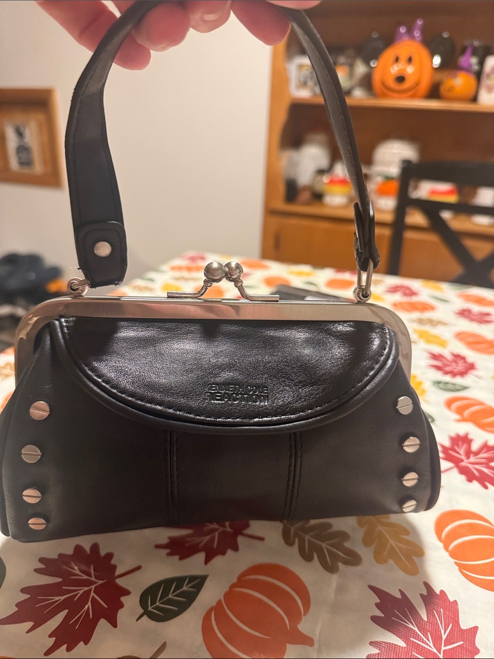 Kenneth Cole Black Leather Kiss-Lock Studded Wristlet